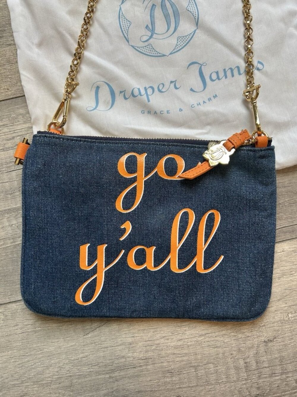 Draper James Purse Orange Blue Denim 'Go Y'all' Clutch Bag UT Tennessee Auburn - Picture 1 of 14
